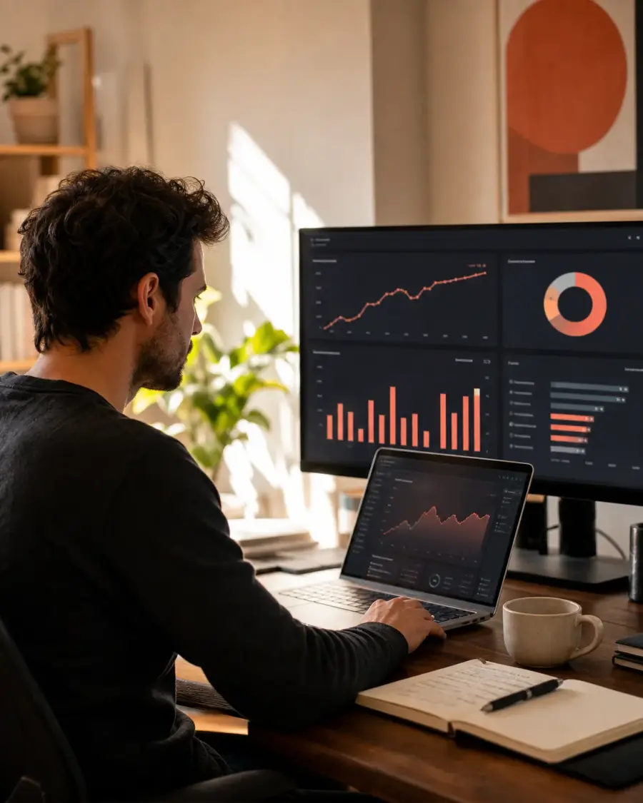 A micro-SaaS founder reviewing product analytics in a warm studio workspace